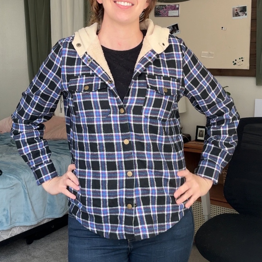 blue navy tan PLAID Shirt JACKET Hooded Flannel Long Sleeve women’s M fall